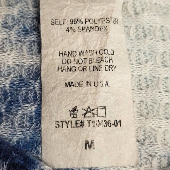 Three Bird Nest Medium Blue White Tie Dye Top Cowl Neck Waffle Knit USA MADE - Picture 4 of 14